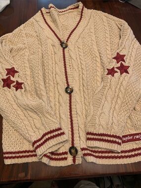 Cream and Red Cable Cardigan with Red Trim and Star Elbow Patches. Any size L/XL